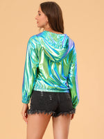 1 x RAW Customer Returns Allegra K Women s Blouse Long Sleeve Metallic Jacket Holographic Party Zipper Hooded Jacket Blue Green M - RRP €54.44