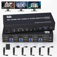 1 x RAW Customer Returns 8K 60Hz Displayport 2 HDMI USB 3.0 KVM Switch 3 Monitors 4 Computers, DP 1.4 HDMI 2.1 4 Port KVM Switch Triple Monitor with Audio Microphone Output and 3 USB3.0 Ports, Triple Monitor Switch - RRP €181.5