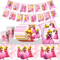 18 x Brand New Princess Peach Party Tableware Set Kids, 42Pcs Birthday Tableware Kit, Princess Theme Party Decoration Tableware Set, Birthday Plates Cups Napkins Tablecloths Banner, for Girls Party Supplies - RRP €335.7