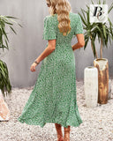 1 x RAW Customer Returns BebreezChic Summer Dress Women Long Boho Floral Short Sleeve V-Neck Elegant Wrap Dress Beach Dress Maxi Dress with Belt, Green S - RRP €39.64