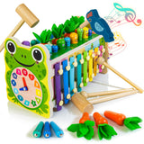 11 x Brand New WOODMAM 6-in-1 Hammer Toy Montessori Wooden Toy Knocking Bench with Xylophone Learning Clock Educational Development Toy Gift for 36 Months Toddler Boy Girl Frog Version - RRP €221.76