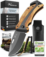 1 x RAW Customer Returns BERGKVIST K30 Titanium folding knife two-handed knife - permitted to be carried in Germany - 3-in-1 pocket knife for outdoor, camping survival with fire steel belt pouch - handle made of olive wood - RRP €33.99