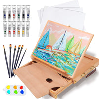 1 x Brand New Falling in Art Beech Wood Table Easel Set with 12 Tubes of Acrylic Paints, Canvas Panels, Brushes, Palette - 23 Piece Acrylic Artist Painting Tools Kit for Adults, Beginners, Children - RRP €41.34