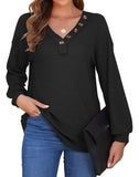 1 x Brand New WNEEDU Black Ladies Waffle Knit Sweater V-Neck Long Sleeve Tops with Decorative Buttons Casual Loose Tunic Shirts 2XL - RRP €24.0