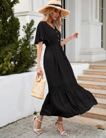 1 x RAW Customer Returns KOJOOIN women s summer dress lace short sleeve maxi dresses boho beach dress long ruffle flounce dress V-neck casual dress with buttons party dress REUSEABLE packaging , A-black, M - RRP €37.2