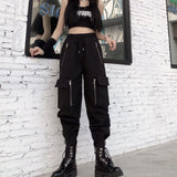 1 x RAW Customer Returns MEINVQIAOTI Women s Black Cargo Pants Loose Chained Multi-Pocket Multi-Zip Punk Goth Trousers Black,XL  - RRP €36.99