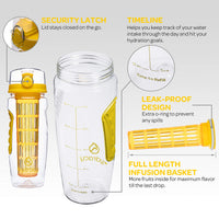 1 x RAW Customer Returns Hydracy Drinking Bottle for Fruit Spritzers 1L - Sports Water Bottle Bpa Free with Time Mark and Long Infuser - Detox Sports Bottle 27 Delicious Recipes Infused Water eBook Gift - Yellow - RRP €19.97