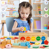 1 x RAW Customer Returns JUSTWOOD Montessori Matching Wooden Toys for Preschoolers 3-6 Years, Shape and Color Sorting Box for Boys and Girls, Wooden Stacking Toys Including Geometric Blocks and Math Counters - RRP €24.99