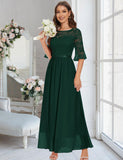 1 x RAW Customer Returns Wedtrend round neck evening dresses long sleeve dress women s festive elegant dresses chiffon dress A line lace dress WT0314 DarkGreen L - RRP €66.54