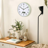 1 x RAW Customer Returns Lafocuse Wall Clock with Date and LCD Thermometer, Silent Modern Green Clock, Decorative Non-Ticking for Kitchen Bedroom Living Room Office 30cm - RRP €21.72