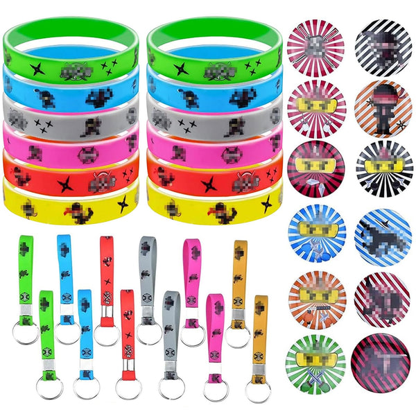 35 x Brand New Party favors for children s birthdays, 12 silicone bracelets, 12 key rings, 12 brooches, party favors for samurai, party favors, give aways, toys, party decorations, boys, themed party, birthday favors - RRP €388.15