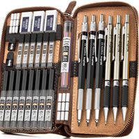 1 x RAW Customer Returns Nicpro 29 Pieces Metal Mechanical Pencils Set with Leather Case, Art Mechanical Pencils 0.5, 0.7, 0.9 mm, 2mm with 15 Tubes 4B 2B HB 2H 4H Lead Black and Colors , Mechanical Pencil for Drawing Writing Sketching - RRP €34.18