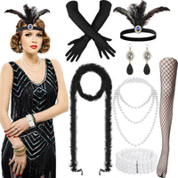 1 x RAW Customer Returns Hestya 9 Pieces 1920s Women s Flapper Dress Costume Set Sequin Dress with Fringe 20s Halloween Accessories L  - RRP €38.99