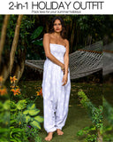 1 x RAW Customer Returns likemary jumpsuit women summer versatile one-piece made of cotton turns into harem pants when pulled down with pockets and elastic cuffs at waist and ankles white with lotus motif - RRP €38.0