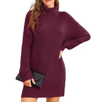 1 x RAW Customer Returns ANGGREK Women s Knitted Jumper Dress Long Sleeve Turtleneck Jumper Oversize Soft Rib Knit Jumper Dress Casual Sweater for Winter, Wine Red, XL - RRP €38.99