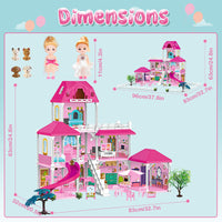 1 x RAW Customer Returns deAO Dollhouse, 3-st ckige Large Dream Doll House 83 52 63cm with Accessories 2 Dolls, 4 Miniature Dog Figures, Furniture, Slides, Dollhouse for Girls Plastic Dollhouse  - RRP €54.99