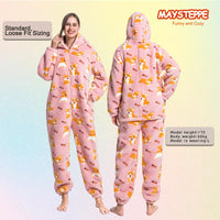 1 x Brand New MAYSTEPPE Womens Fleece Onesie Pajamas,Fluffy Plush Warm Pajamas One Piece Cartoon Print Hooded Flannel Sleepwear - RRP €32.99