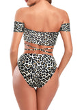 1 x Brand New SHEKINI Women s B-Leopard Print Bandeau Swimwear Short Sleeve Top Sexy Strapless Two Piece Lace Up Bikini - RRP €28.89