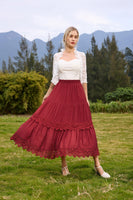 1 x RAW Customer Returns Womens Victorian Skirt Ruffle Patchwork Elastic Waist Tiered Retro Swing Skirt Red Wine S - RRP €44.48