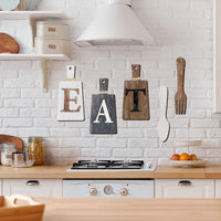 1 x RAW Customer Returns Chopping Board Eat Sign Set Hanging Art Kitchen Eat Sign Fork and Spoon Wall Decoration Rustic Primitive Country Farmhouse Kitchen Decor for Dining Room White, Gray Black, Brown  - RRP €23.99