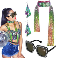 1 x RAW Customer Returns Xulisheng Pack of 4 disco accessories 70s costume, disco jewelry set sequin earrings scarf and rhinestone sunglasses for party carnival, 1970s costume accessories for men and women - RRP €10.99