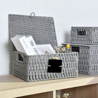 1 x RAW Customer Returns OUTBROS Woven Storage Basket Shelf Baskets with Lid, Set of 3 Rattan Baskets Made of Paper Rope, Storage Boxes for Storing and Organizing Bathroom Room Towels Makeup, Gray - RRP €40.33