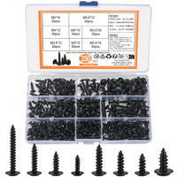 1 x RAW Customer Returns 350 pcs self-tapping screws, black sheet metal screws, wood screws, flat head cross head body screws assortment set, carbon steel cross recess drywall screw, M3 M3.5 M4 M4.8 - RRP €10.81