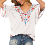 1 x RAW Customer Returns Seasonal Summer Blouse for Women Mexico Embroidered Tunic Boho Hippie Blouse Bohemian Short Sleeve Loose Tops, White-075, XXL - RRP €22.8