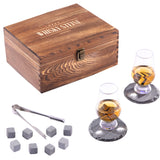 1 x Brand New GOURMEO Whiskey Stone Gift Set - Set of 2 Tulip Whiskey Glasses with 8 Reusable Basalt Stone Ice Cubes - With Glasses, Tongs, Coasters, Pine Wood Box Velvet Bag - RRP €29.74