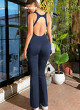 1 x RAW Customer Returns Navneet Jumpsuit Women Long One Piece Sport Yoga Jumpsuits Tight Sleeveless Backless Padded Romper Bodysuit Onepiece Backless Flare Jumpsuit Navy Blue S - RRP €21.38