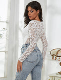 1 x RAW Customer Returns comeondear Sexy Bodysuit for Women Large Sizes Long Sleeve Tops Lace V-Neck Jumpsuit Bodysuit Curvy Lace Body Elegant Blouse Body Traditional Body Party Outfit Tops with Buttons White, XL  - RRP €28.99