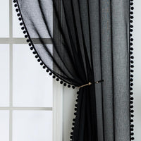 1 x Brand New MIULEE curtains with pompoms - pretty black transparent curtains for children s rooms girls, 2 pieces curtain with pompoms with rod pull-through, transparent curtain with pompoms, each H 260 x W 140cm - RRP €33.01