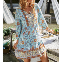 1 x RAW Customer Returns Bellezasourire Women s Tunic Dress 3 4 Sleeve V Neck Button Front Fringe Floral Print Boho Dress Women L, Blue  - RRP €26.21