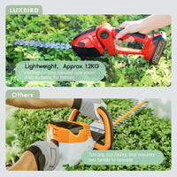 1 x RAW Customer Returns LUXBIRD 21V Hedge Trimmer, 2-in-1 Cordless Electric Shrub Shears, Handheld Grass Trimmer, IP67 Waterproof, with 2 Replaceable Blades and 2 Rechargeable Batteries, Red - RRP €76.99