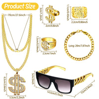 1 x RAW Customer Returns Goenb Pack of 8 Pimp Costume, 80s 90s Outfit Men s Hip Hop Costume Gold Chain Men s Gangster Gang Sunglasses Golden Dollar Chain Ring Hanzi Rings for Carnival Theme Party - RRP €16.99