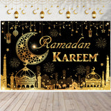 15 x Brand New Aitsite Eid Mubarak Banner, Ramadan Banner, Black Gold Ramadan Decoration Banner, Ramadan Kareem Backdrop with Star Moon for Eid Muslim Party Decorations - RRP €396.0