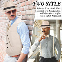 1 x RAW Customer Returns 1920s Men s Accessories with Vest Fedora Hat Pocket Watch Bow Tie Suspenders and Prop Beige, M  - RRP €36.29