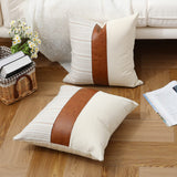 1 x RAW Customer Returns Throw Pillow Covers 16 x16 Farmhouse Cushion Covers Cotton Tan Faux Leather Decorative Pillow Case Set of 2 Khaki Stripe Textured Linen Throw Pillow Cover for Sofa - RRP €17.7