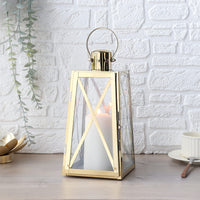 1 x RAW Customer Returns TRIROCKS Stainless Steel Decorative Lantern 30cm High Metal Candle Holder with Tempered Glass Panels Perfect for Home Decor Living Room Parties Events Table Top Indoor Outdoor Gold  - RRP €35.02