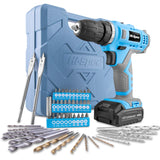 1 x RAW Customer Returns Hi-Spec 50-piece cordless drill set with 12V drill in blue and the most common wood, metal and stone drill bits in a practical box - RRP €59.48