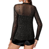 1 x RAW Customer Returns EZKOL Women s Sheer Mesh Glitter Stars Mesh T-Shirt Sexy Sheer Round Neck Long Sleeve Casual Party T-Shirt No Belly, Black, M - RRP €21.73