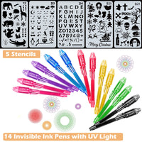 25 x Brand New MonQi 14pcs Permanent Invisible Ink Pen with UV Light 5 Drawing Stencils Hundreds of Graphic Designs , Secret Pen, Spy Pen, Invisible Pens, Magic Invisible Writing Pen - RRP €206.5