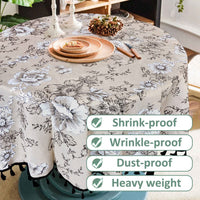 11 x Brand New DINGC Round Tablecloth Cotton and Linen with Floral Print, Tablecloths Tassel Lace Washable, Round Tablecloth Round used for Dining Table Living Room Picnic 150cm Beige , Black Tassel - RRP €206.36