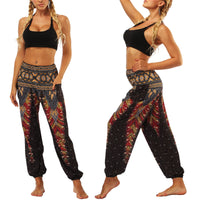 1 x RAW Customer Returns Nuofengkudu Woman Hippie Harem Pants Baggy Pants Harem Pants Aladdin Pants Boho Patterned Smocked Waist with Pockets Yoga Pants Casual Pants Summer Pants Beach Pants, Black Peacock - RRP €23.99