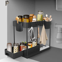 1 x Brand New GOOPOOL Under Sink Kitchen Organizer 2 Tier Under Sink Storage, Kitchen Cupboard Organizer with 6 Hooks and 2 Cups, Kitchen Cupboard Organizer for Bathroom Kitchen-Black - RRP €19.2