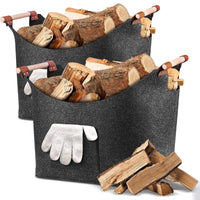 1 x RAW Customer Returns Pack of 2 Large Firewood Baskets with Gloves, Foldable Large Wood Basket for Firewood, Firewood Basket with Reinforced Wooden Handle, Felt Bags Shopper for Firewood Storage Bag, 53 x 45 x 40 cm - RRP €26.77