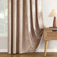 1 x RAW Customer Returns MIULEE Velvet Curtains with Gold Foil Leaves Pattern, Pack of 2 Beige Velvet Curtains with Eyelets, Each 280 cm High, Super Soft Velvet Curtain, Opaque for Decoration, Living Room, Bedroom, Beautiful Velvet Curtain - RRP €50.08