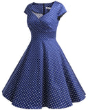 1 x Brand New bbonlinedress 1950s Vintage Retro Cocktail Dress Rockabilly V-Neck Pleated Skirt Navy Small White Dot XS - RRP €40.7