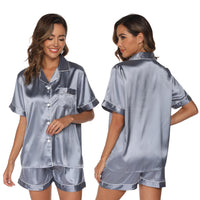 1 x RAW Customer Returns GAESHOW Women s Satin Silk Pajamas Set Short Sleeve Button Down Set Sleepwear Loungewear Two Piece S-2XL Gray Blue 42 - RRP €20.33