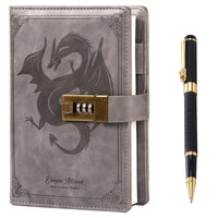 1 x RAW Customer Returns Dragon Leather Diary with Pen, Diary with Combination Lock, Lined Blank Paper Notebook, B6 Writing Journals Stationery Gray  - RRP €29.99